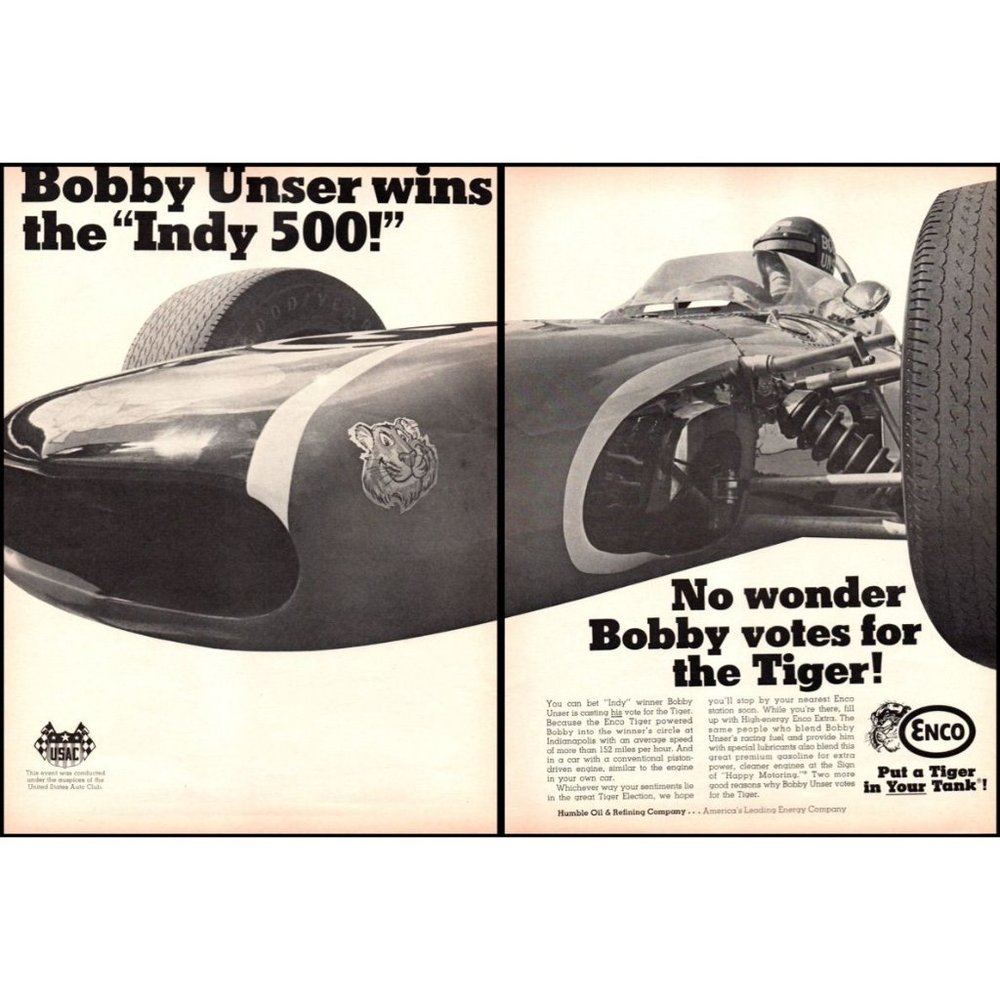 1968 Enco Extra Gasoline Bobby Unser Indy 500 Winner 2 Page Vintage Print Ad Art